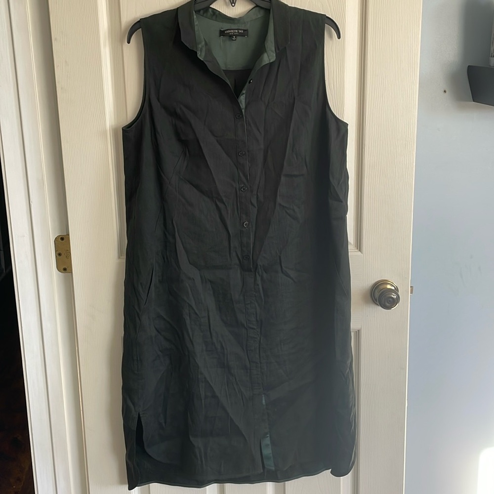 LAFAYETTE 148 size 12 linen blend shirt dress button up sheath deep green